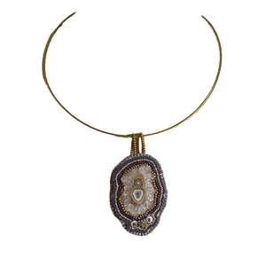Handmade Amethyst Geode Slice Pendant Necklace Gold Choker